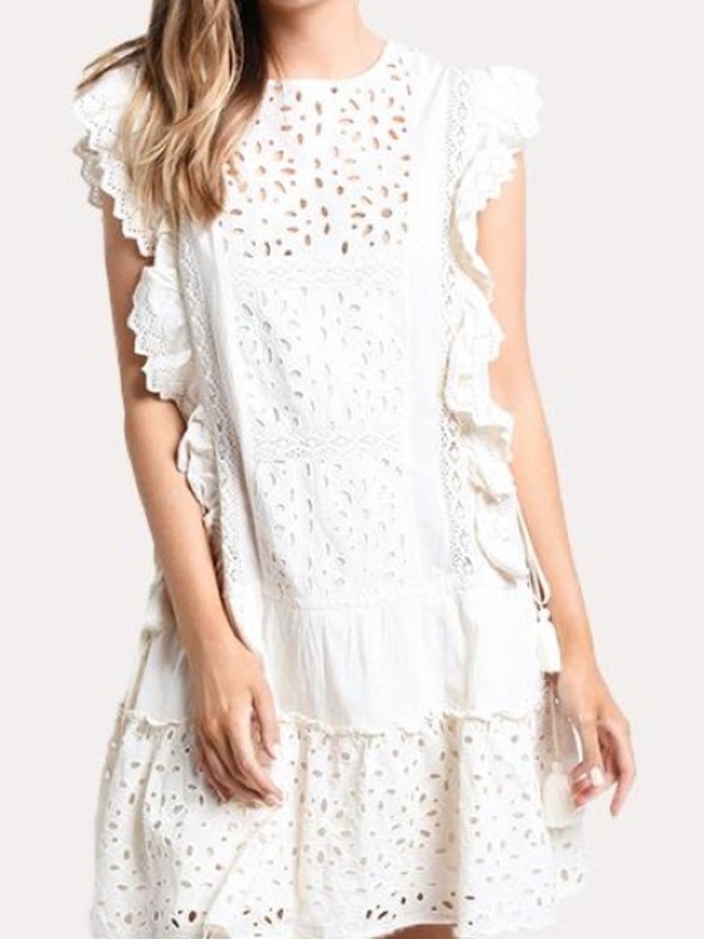 MISA eyelet embroidered mini dress ruffle flutter sleeves cotton marieta - Picture 8 of 10